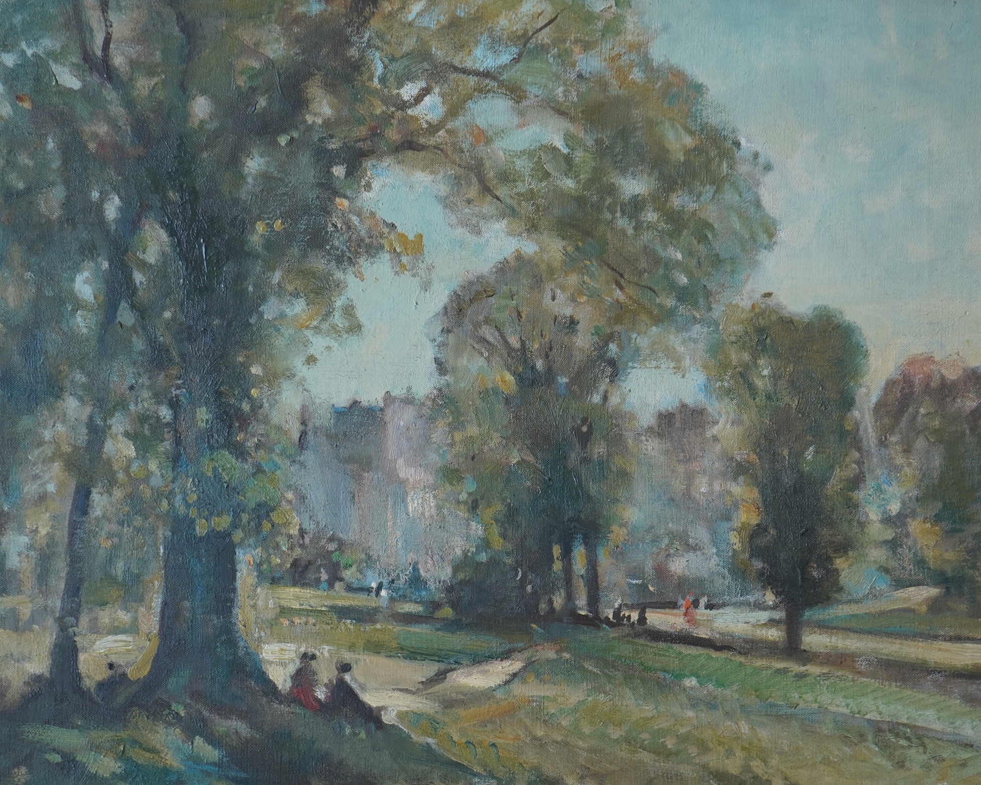 Follower of Edward Seago RBA, ARWS, RWS (1910-1974), Parkland scene with figures, a building in the background, unsigned, oil on canvas, ornate gilt framed, 39 x 49cm